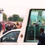 Pope Leo XIV arrives to celebrate Mass at Yaounde Ville Airport, Cameroon, Saturday, April 18, 2026 on the sixth day of his 11-day pastoral visit to Africa. (AP Photo/Andrew Medichini)