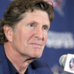 Mike Babcock addresses the media as the Columbus Blue Jackets introduce Babcock as their new head coach during a news conference on Saturday, July 1, 2023 in Columbus, Ohio. Babcock thought he was just trying to get to know his players better, but experts say he may have crossed a line that's sometimes hard to see. THE CANADIAN PRESS/AP-Kyle Robertson/The Columbus Dispatch via AP