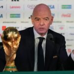 FILE - FIFA President Gianni Infantino speaks during a news conference at the stadium in Mexico City, Wednesday, June 10, 2026, a day before the opening FIFA World Cup match between Mexico and South Africa. (AP Photo/Eduardo Verdugo, File)