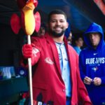 Toronto Blue Jays' Jonatan Clase holds the Home Run Dragon in this handout photo, after hitting a three-run home run against the San Francisco Giants during second inning MLB baseball action in San Francisco, on Tuesday, July 7, 2026. THE CANADIAN PRESS/Handout - Toronto Blue Jays (Mandatory Credit)